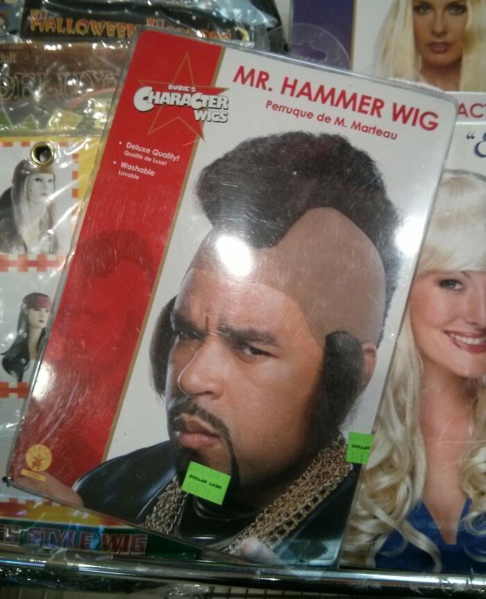 Off-brand Halloween costume wig packaging showing a Mr. Hammer wig with a fake mohawk and sideburns.