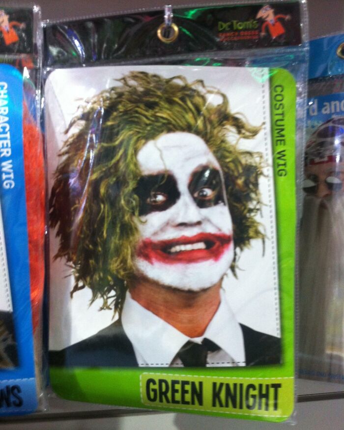 Off-brand Halloween costume wig labeled Green Knight with messy green hair and clown-like face makeup.