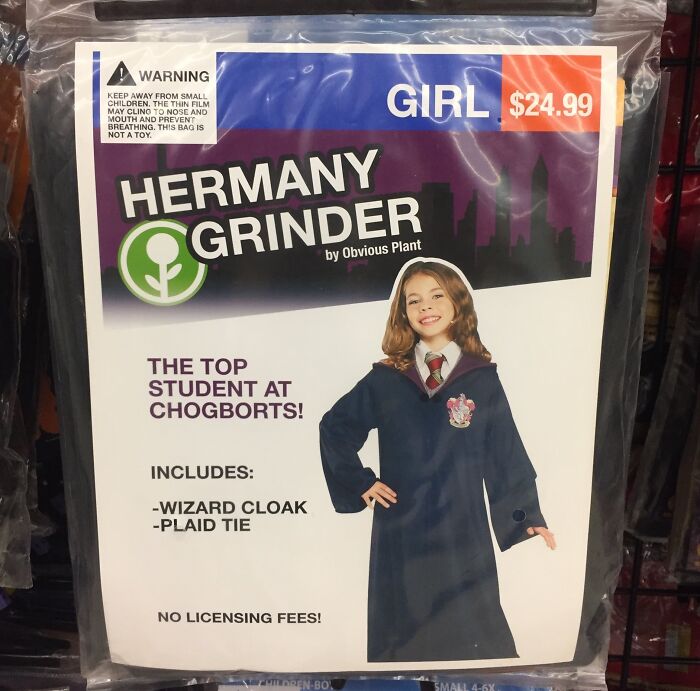 Off-brand Halloween costume of a wizard student with cloak and plaid tie, a funny Halloween costume find for kids.