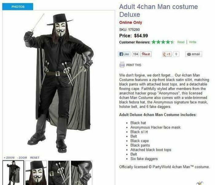 Adult wearing off-brand 4chan Man Halloween costume with black cape, hat, mask, and fake daggers for funny Halloween fun.