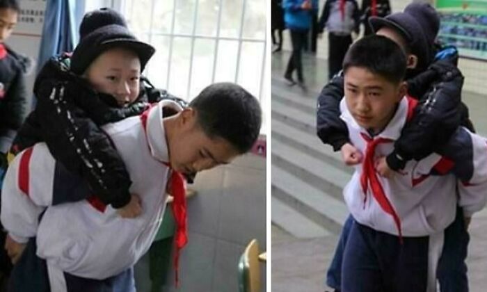 Two young boys in school uniforms helping each other, showing teamwork and support, still remains undiscovered today facts.