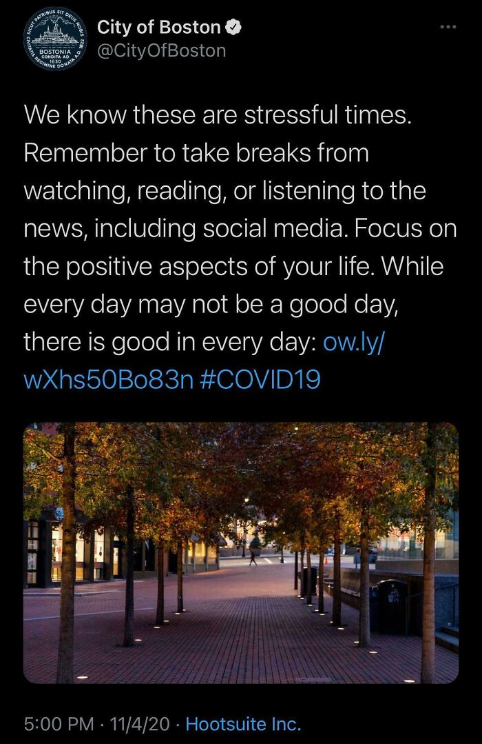 City of Boston tweet encouraging breaks from media stress, promoting simple living and appreciating less in daily life.