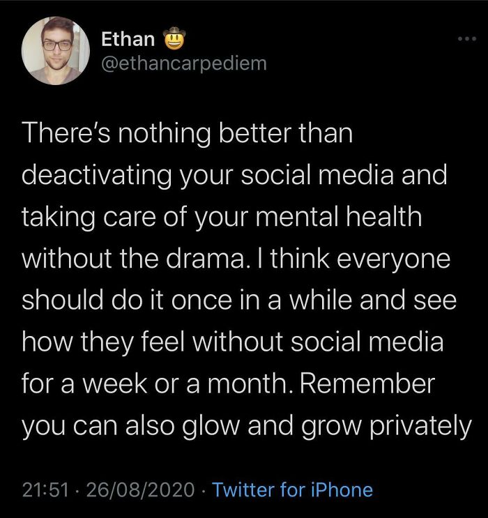 Tweet about deactivating social media to improve mental health and appreciate simple living with less drama.