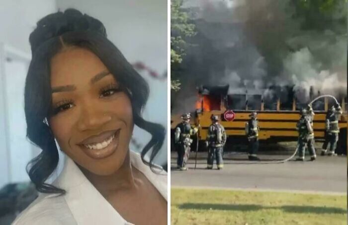 Smiling woman on the left and firefighters extinguishing flames and smoke from a burning school bus on the right.
