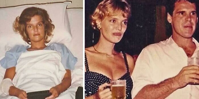 Woman recovering in hospital bed on left, woman and man holding drinks at social event on right, still remains undiscovered theme