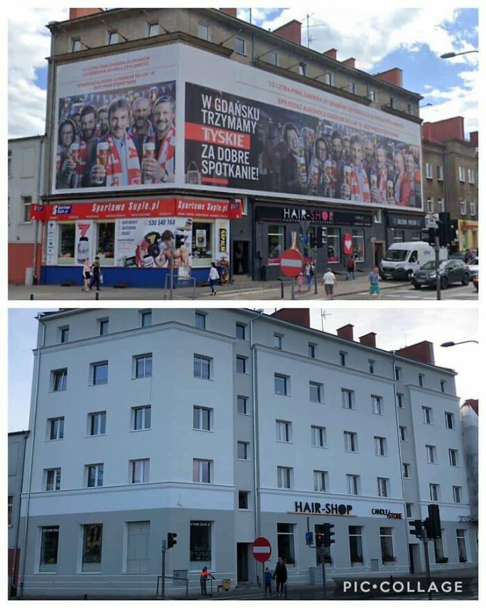 Urban building before and after a minimalist makeover, reflecting simple living principles with cleaner, less cluttered exterior design.