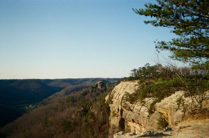 Scenic view of a rocky cliff and forested valley under a clear sky, reflecting the peace of simple living.