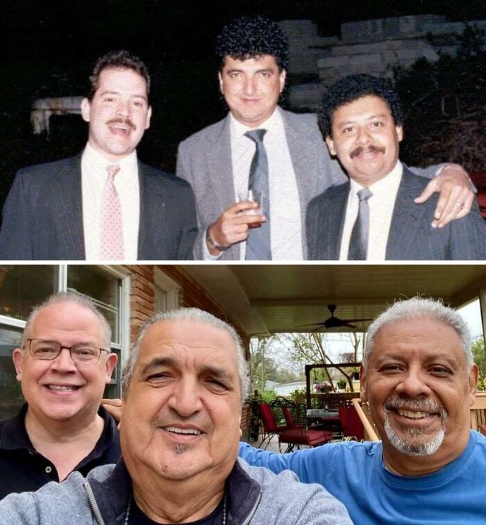 Three men in formal suits in 1986 photo, and the same men smiling casually in 2021, showing comparison of looks over decades.