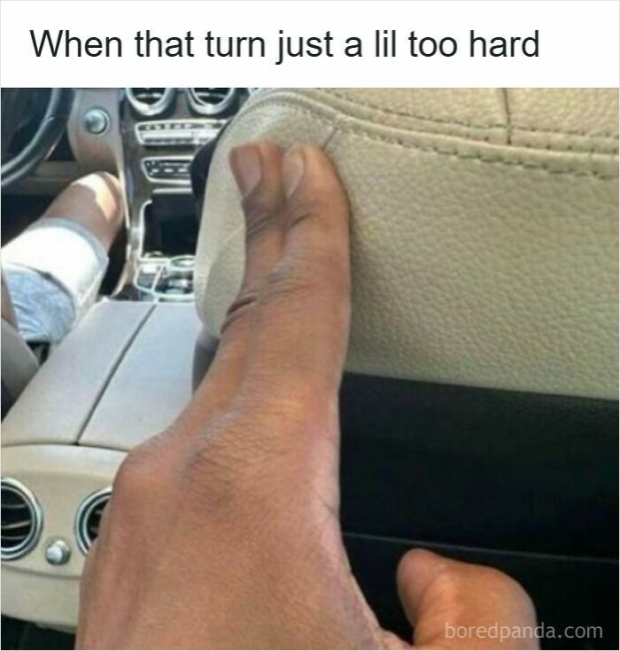 Foot wedged awkwardly in a car seat during a sharp turn, capturing a specific moment that isn’t an original experience.