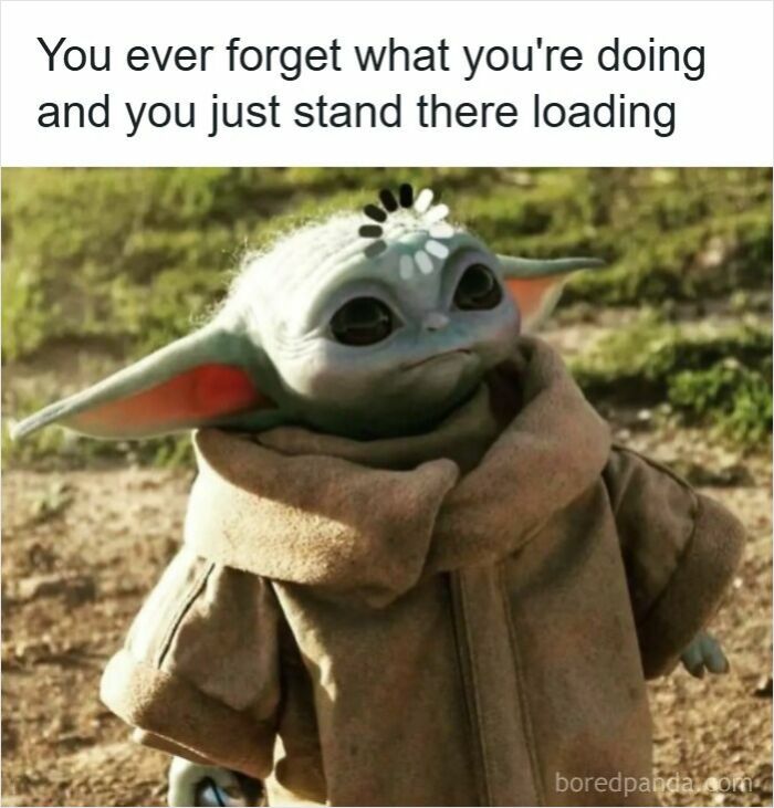 Baby Yoda with a loading icon above his head, illustrating specific moments in our lives that aren’t original experiences