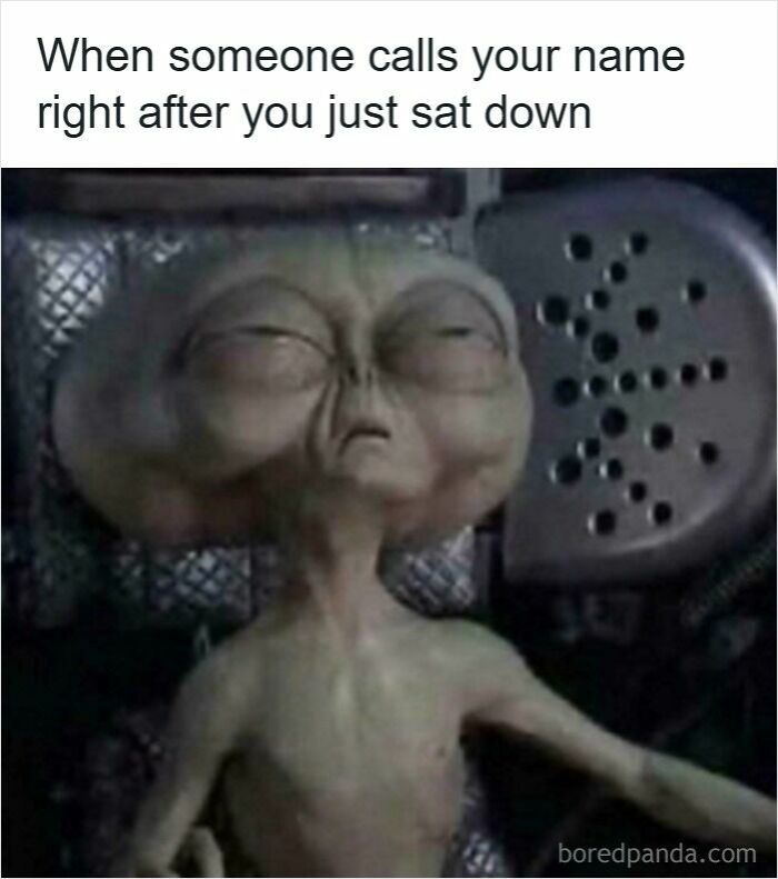 Alien character with squinting eyes reacting to someone calling their name, illustrating common moments not an original experience.