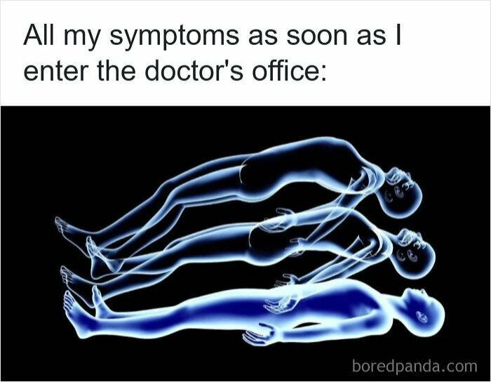 Visual representation of common moments showing symptoms fading quickly upon entering the doctor’s office, a relatable experience.