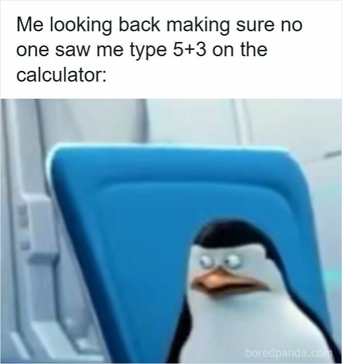 Penguin looking back nervously, illustrating one of the specific moments in our lives that aren’t an original experience.