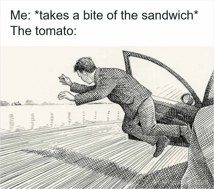 Man dramatically jumping out of car door representing one of the specific moments in our lives that aren’t original experiences.