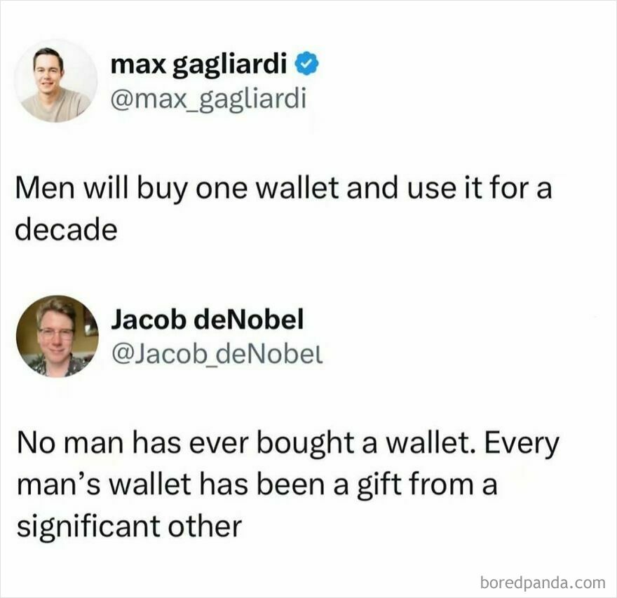 Twitter conversation meme about dads and wallets humor, highlighting common dad behaviors and gift habits.