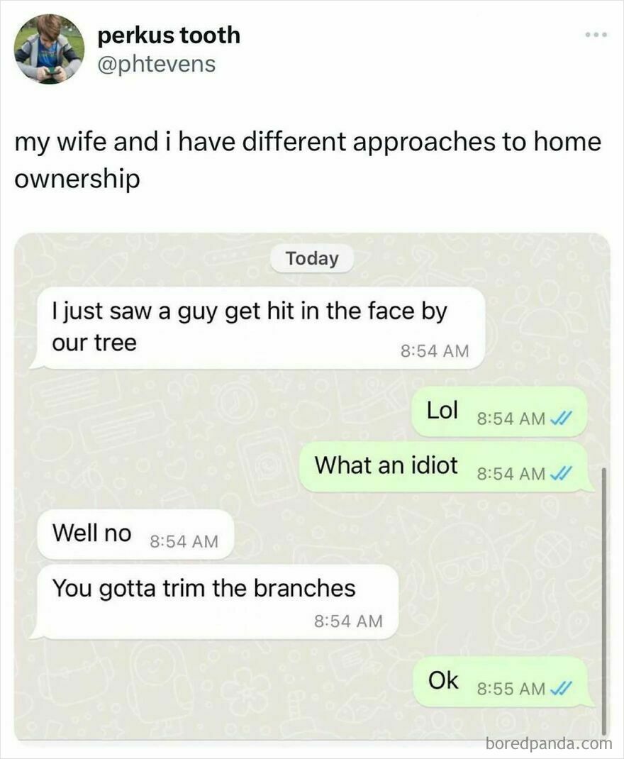 Text conversation meme showing a humorous dad joke about trimming tree branches after someone gets hit in the face, illustrating dad humor.
