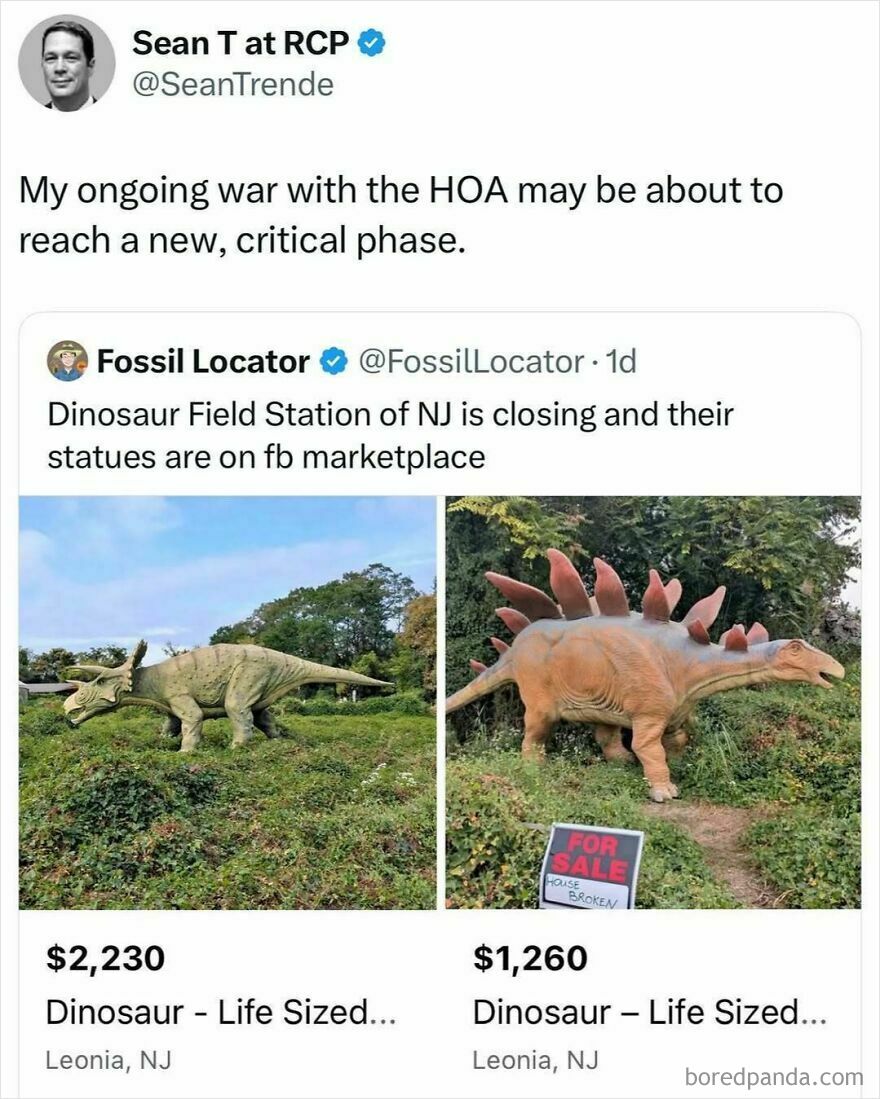 Humorous dad memes and jokes highlighting their similar traits, featuring a tweet about dinosaur statues for sale.