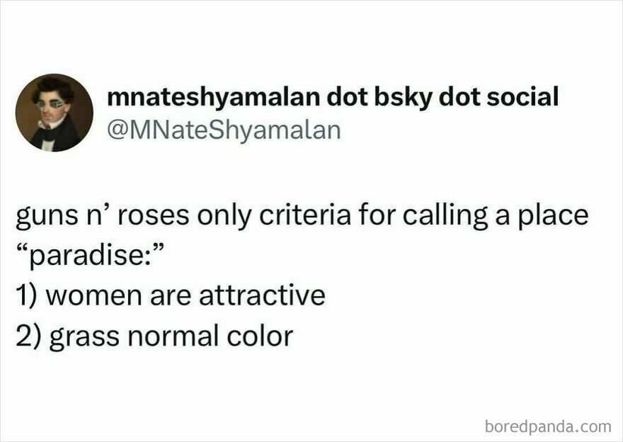 Tweet about Guns N’ Roses defining paradise with attractive women and normal-colored grass, related to dad memes and jokes.