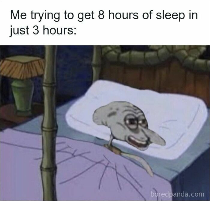 Character lying in bed wide awake humorously depicting insomnia brain not cooperating with sleep.