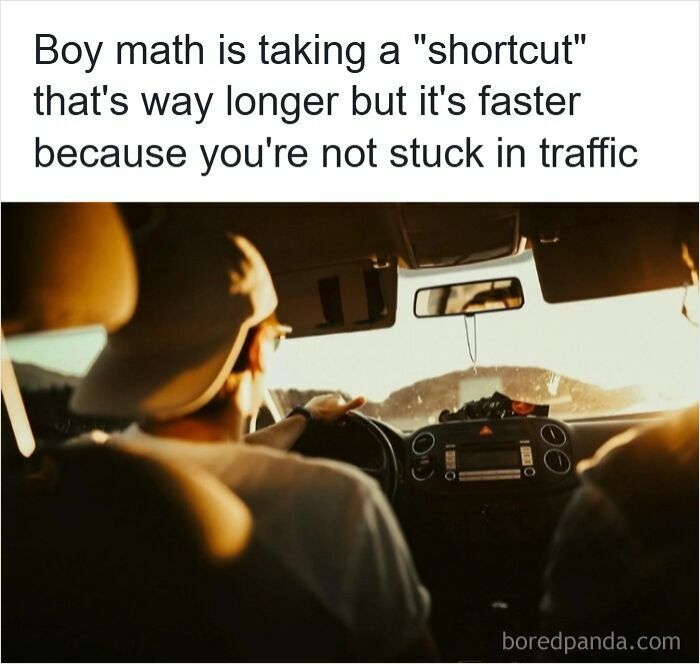 Boy driving discussing a longer but faster shortcut to avoid traffic, illustrating driving memes about road rage.