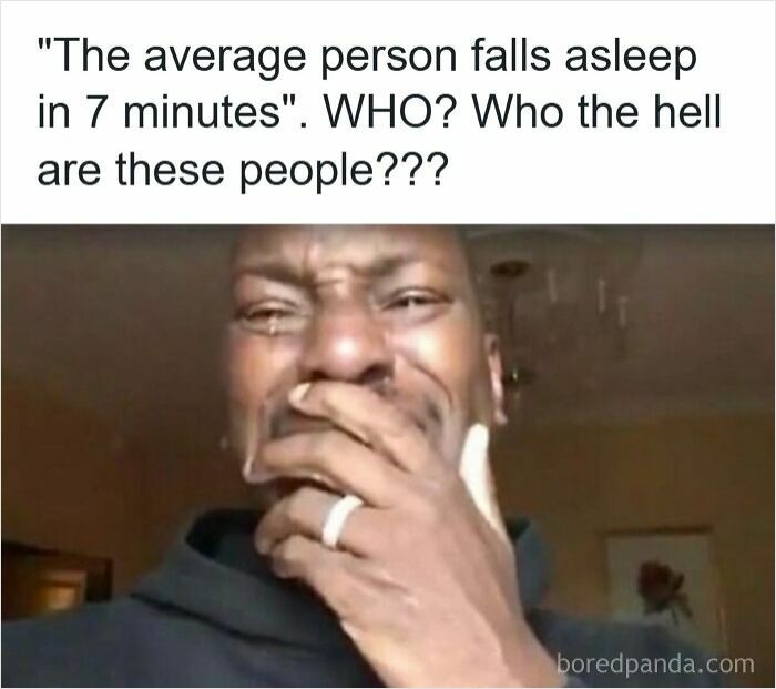 A man crying with text about people falling asleep in 7 minutes, illustrating frustration with insomnia and sleep struggles.