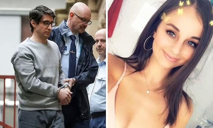 Man in handcuffs escorted by officers on left, and smiling young woman with butterfly filter on right, still remains undiscovered.