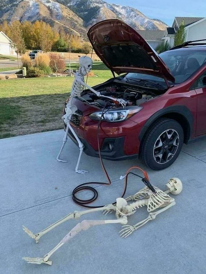 Halloween outdoor decorations with skeletons jump-starting a car on a driveway in a suburban neighborhood.