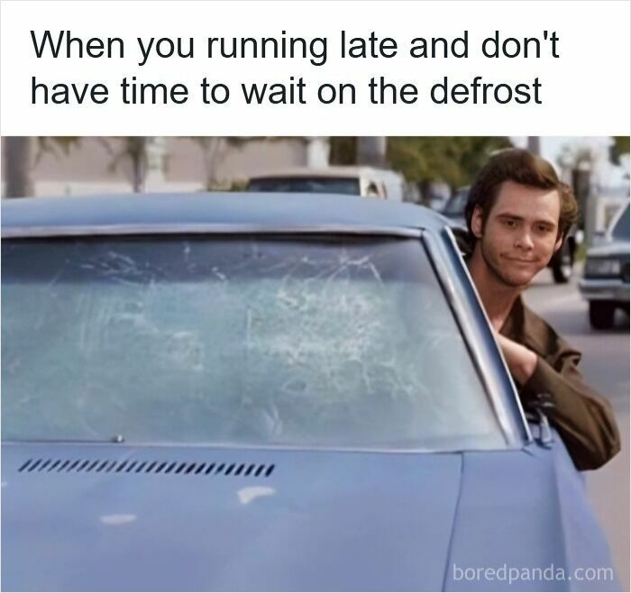 Man leaning out of a car window with a frosted windshield, illustrating a funny driving meme about road rage.