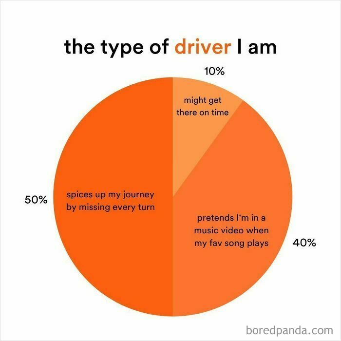 Pie chart humor about types of drivers, highlighting driving memes that explain common road rage reasons.