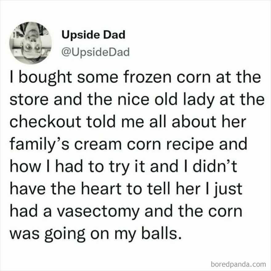 Funny dad joke about frozen corn and vasectomy, illustrating typical dad humor in popular memes and jokes about dads.