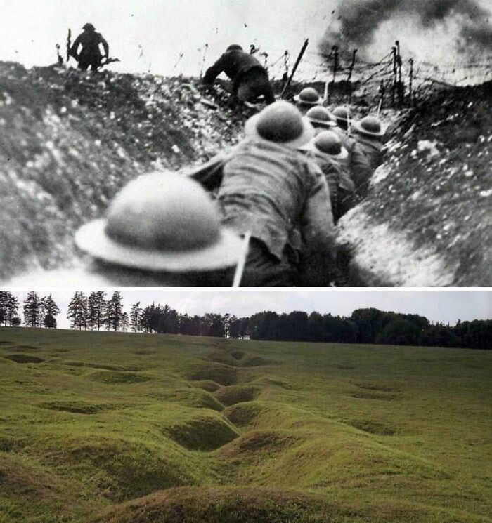 WWI soldiers in trenches during battle contrasted with modern-day trench remnants in a grassy field, fascinating photos.
