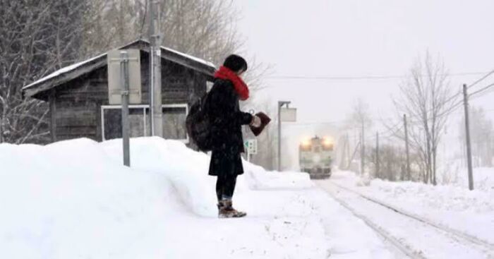 Person in a red scarf standing on snowy train tracks in winter, one of 80 fascinating photos helping see the world differently.