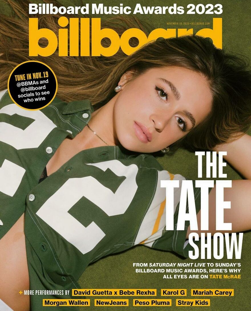 Tate Mcrae lying down in a green and white shirt, featured on Billboard magazine cover for music and TikTok hooks. Tate Mcrae lying down in a green and white shirt, featured on Billboard magazine cover for music and TikTok hooks.