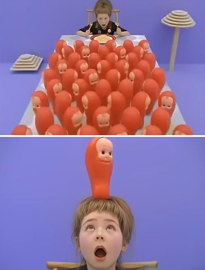 Child surrounded by creepy baby-faced dolls in a surreal scene from creepy commercials that might give you nightmares.