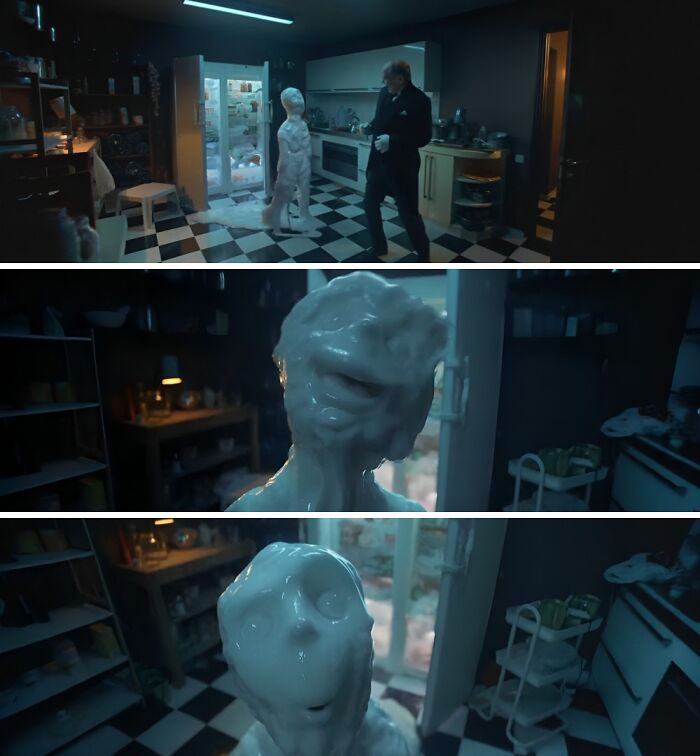 Creepy creature made of slime in a dark kitchen with man in black suit, evoking eerie vibes from creepy commercials.