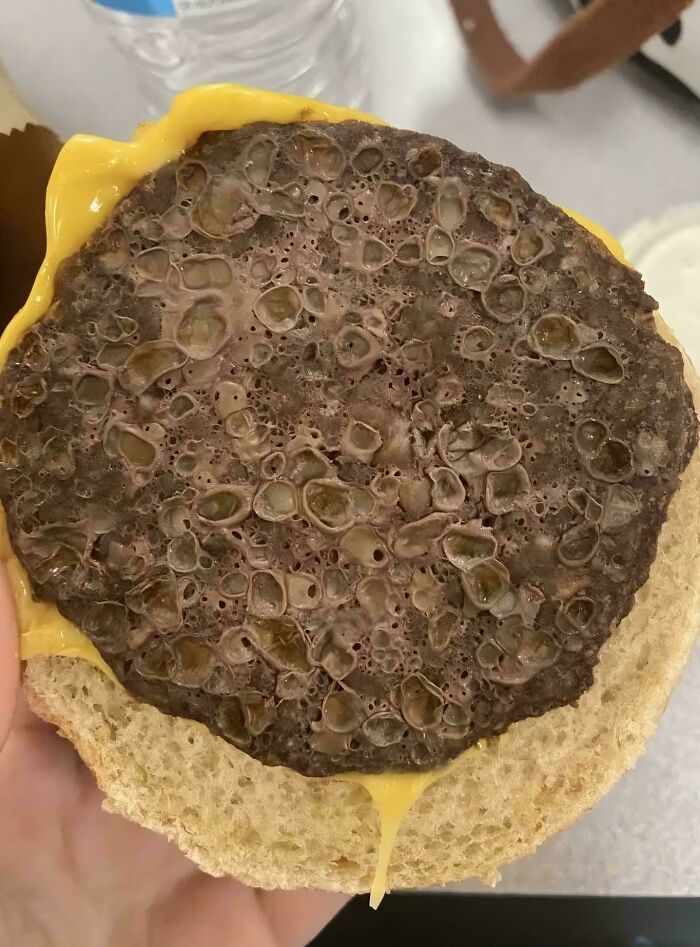 Close-up of a cheeseburger patty with unusual hole patterns triggering trypophobia discomfort in some viewers.
