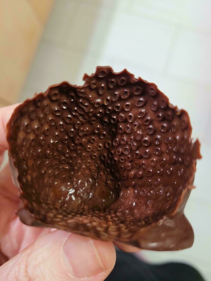 Close-up of a chocolate piece with textured holes, a harmless-looking image triggering trypophobia sensations.