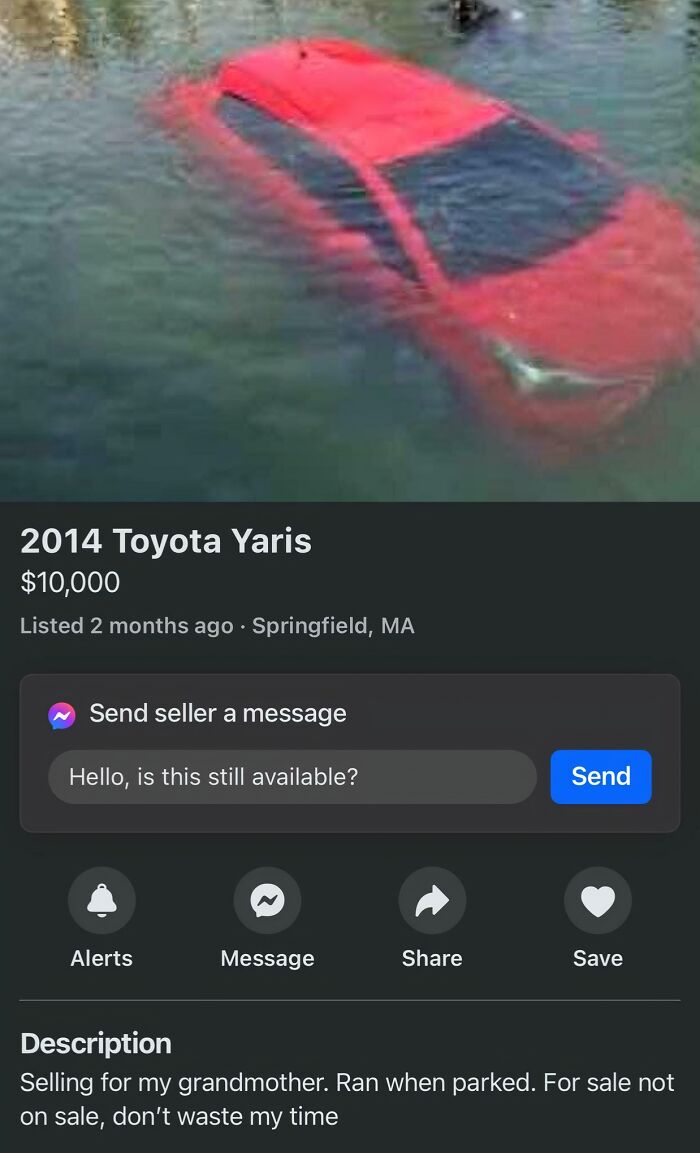 Red car partially submerged in water, illustrating unhinged things people thought they could sell online.