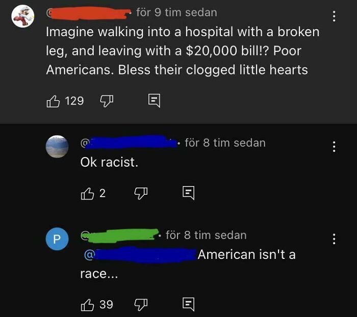 Screenshot of YouTube comments showing a sarcastic debate about hospital bills and race in a humorous exchange.
