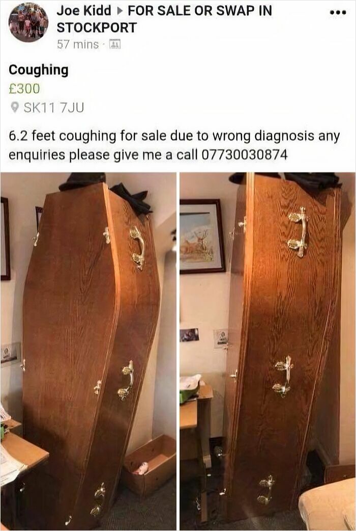 Wooden coffin listed for sale online in a local group, illustrating unhinged things people thought they could sell.