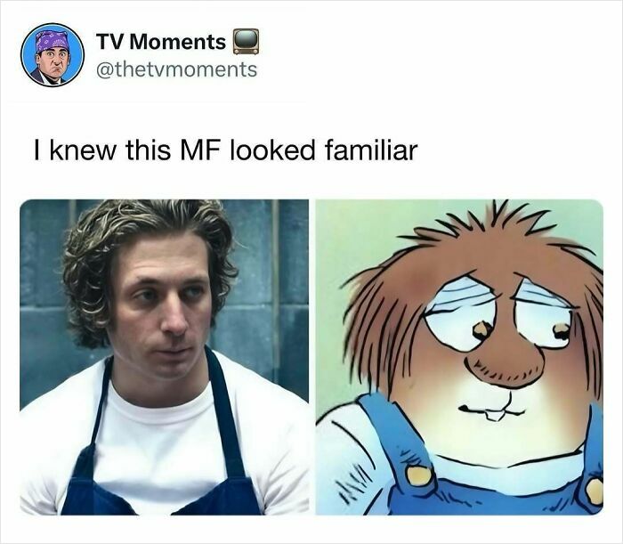 Meme comparing a TV character to a cartoon figure, highlighting funny and relatable TV moments in a humorous way.