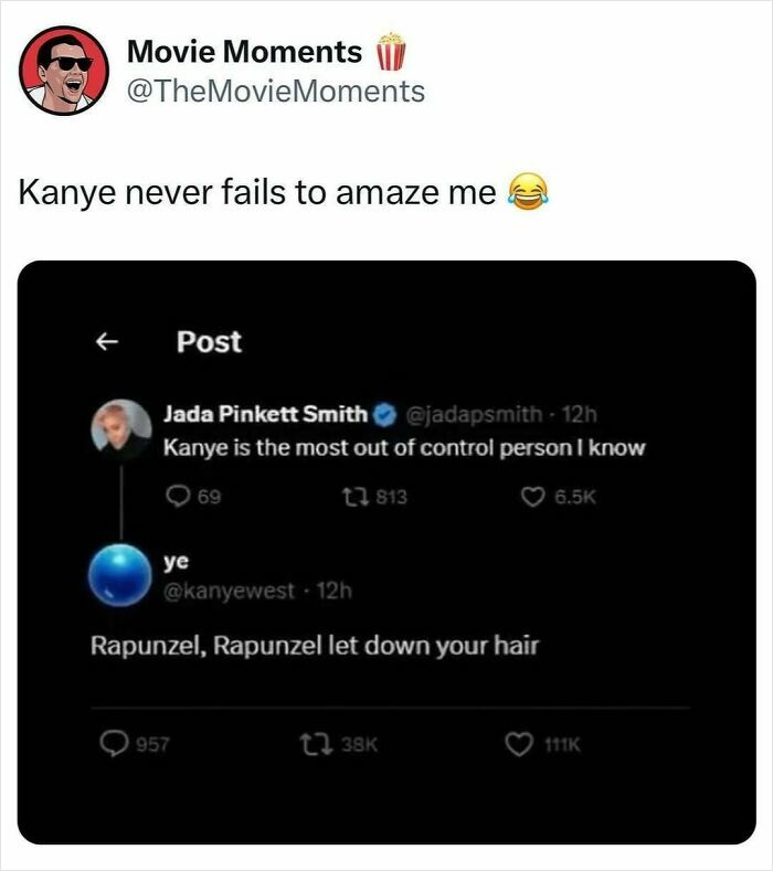 Screenshot of a funny TV meme tweet exchange mentioning Kanye West and a Rapunzel joke.