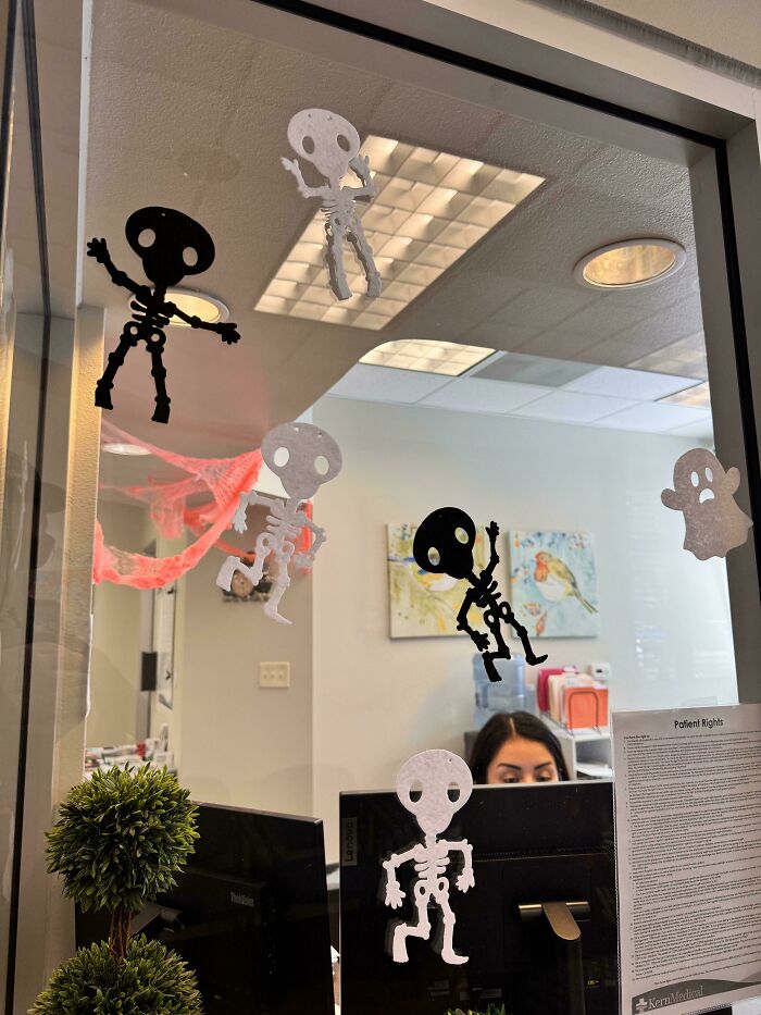 Decorative skeleton cutouts on a glass window in a doctors office bringing humor to patients and easing anxiety.