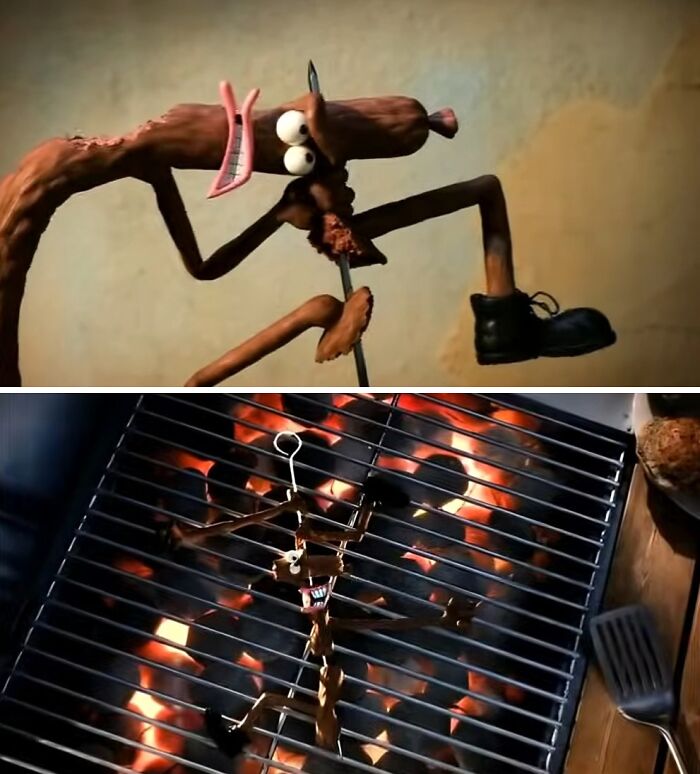 Animated creepy character eating itself on a stick and then being grilled, illustrating creepy commercials imagery.