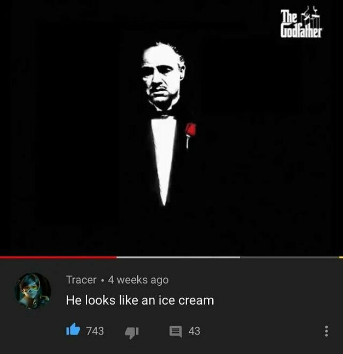 YouTube comment humor on The Godfather image comparing character to ice cream with many likes.