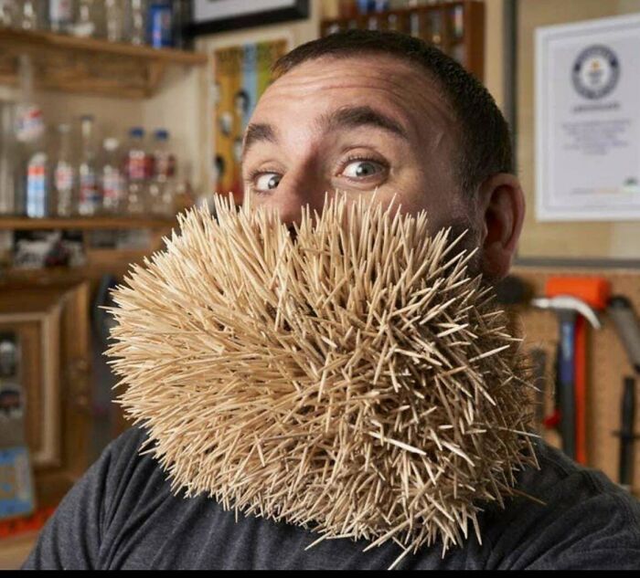 Man with a dense cluster of sharp toothpicks covering his face, creating a trypophobia-triggering visual effect.