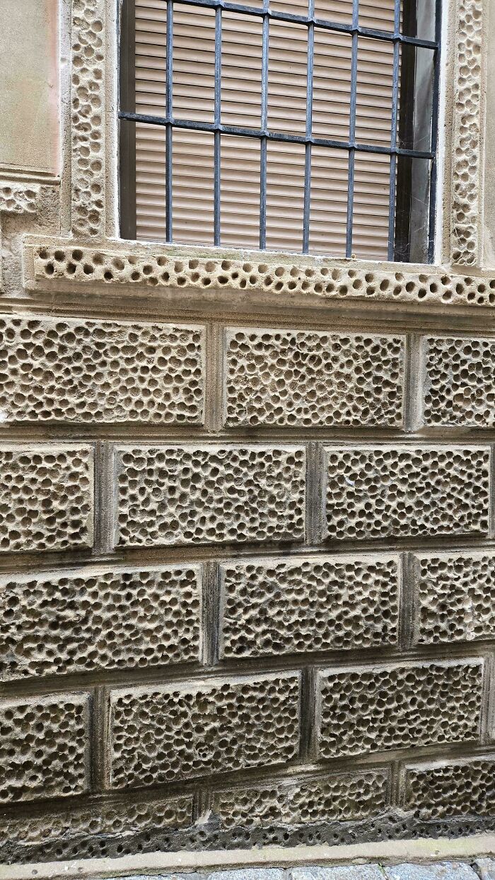 Close-up of a building wall featuring numerous small holes, creating a trypophobia-triggering pattern around a barred window.