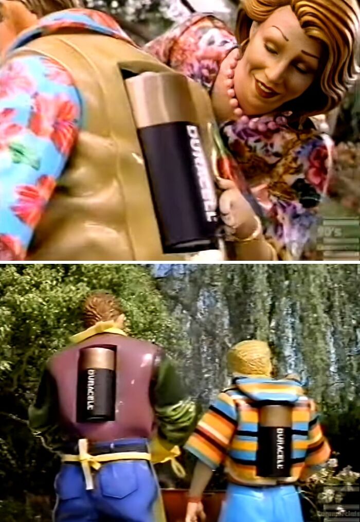 Creepy vintage animated commercial featuring oversized batteries attached to characters' backs in an outdoor setting.