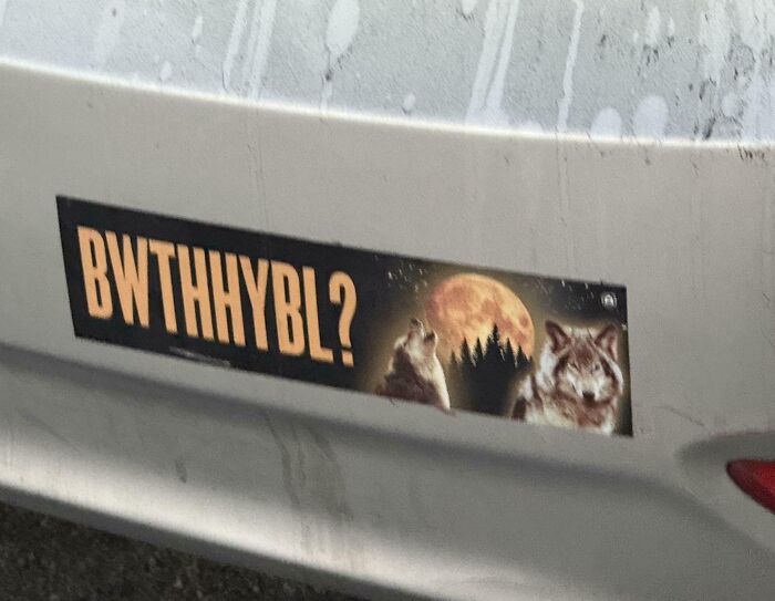 Sticker on car bumper with the letters BWTHHYBL and images of two wolves and a full moon at night.