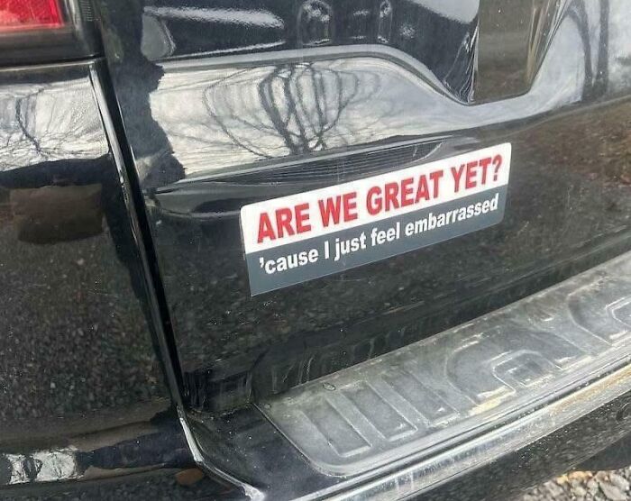Bumper sticker on a black vehicle with a clever and hilarious message about feeling embarrassed.